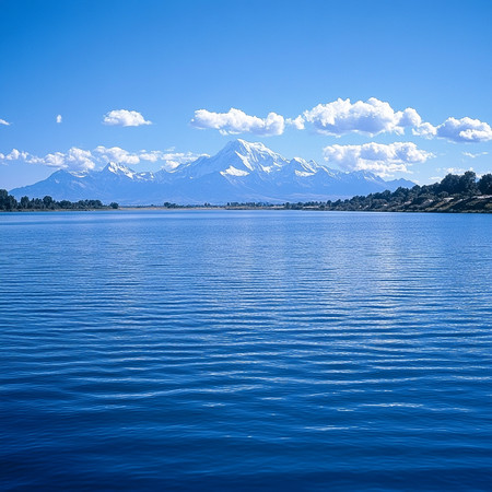 湖光山色中巍峨雪山下的宁静湖水 PNG