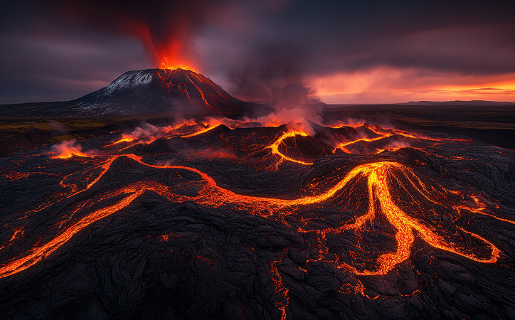 火山喷发熔岩流淌的壮观景象 PNG