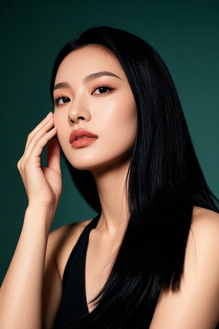女人留着黑色的长发和黑色的上衣高清图片 JPG