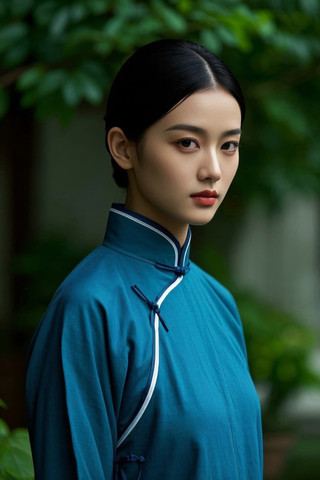 身穿蓝色连衣裙的亚洲女子摆出姿势拍照高清