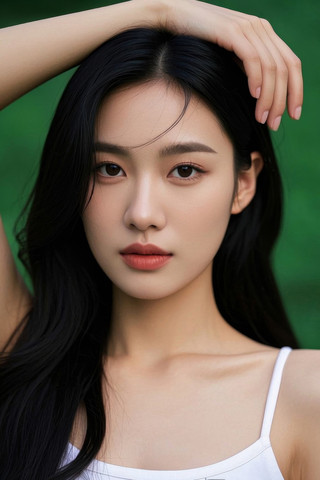 一位身穿白色上衣的黑长发女人特写高清图片