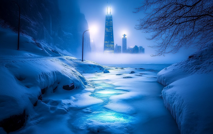 冰雪覆盖的都市夜景 冰雪覆盖的都市夜景