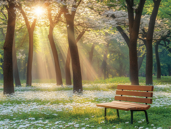 春日阳光下的空长椅花海 春日阳光下的空长椅花海