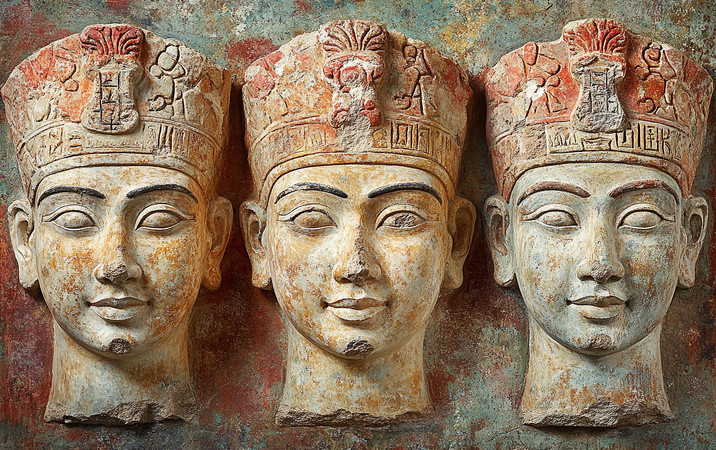 古埃及壁画三位戴着冠冕的法老头像