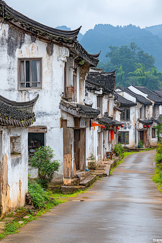 古朴村落中的宁静街道雨后清新
