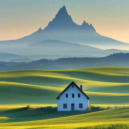 晨光中的孤屋与远山 晨光中的孤屋与远山