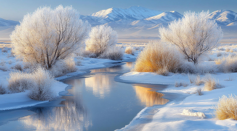 冬日晨光中的河流与雪景 冬日晨光中的河流与雪景