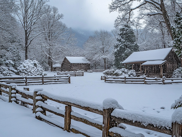 冬日里的木制小屋被雪覆盖的宁静场景