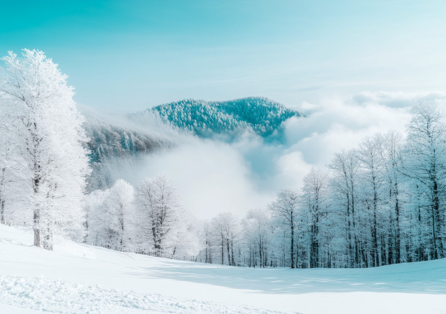 冬日森林中的云雾缭绕与雪白的树木