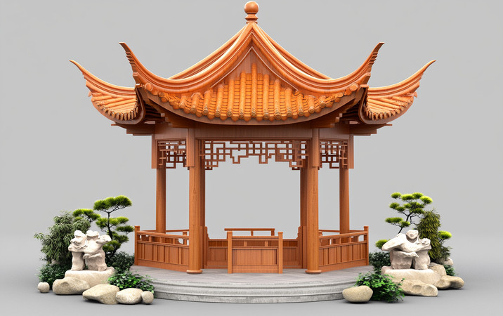 古典亭子旁石狮守护下的宁静园林