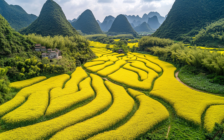 蜿蜒的金黄梯田与群山 蜿蜒的金黄梯田与群山
