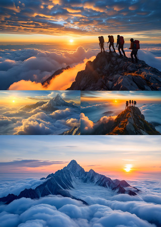 4k航拍高山云海日出登山者视频