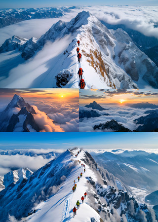 4k航拍雪山云海登山队伍视频