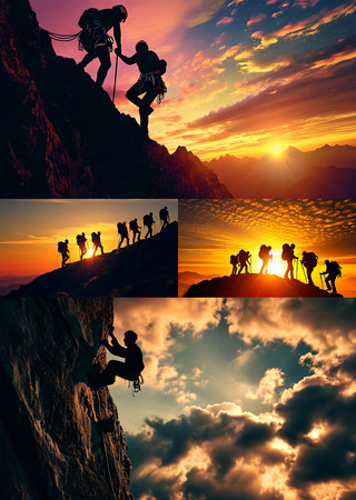 4k励志剪影夕阳团队登山者视频合集