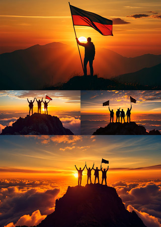 4k夕阳剪影登山者胜利旗帜视频合集