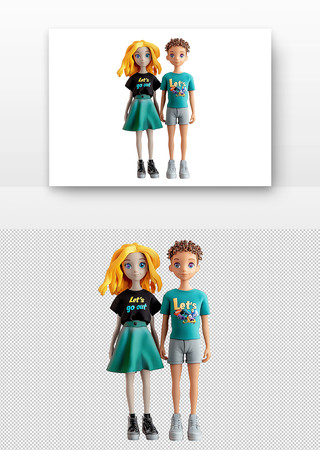 3d金发女孩和男孩穿着时尚的衣服手牵手