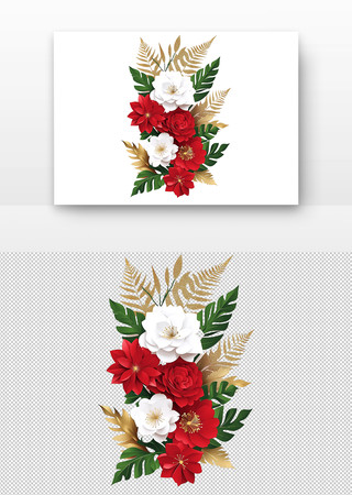 红色和白色的花朵与金色的叶子 PNG