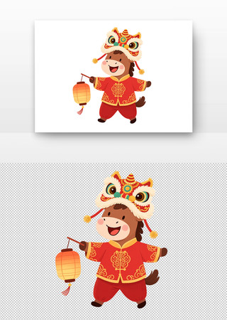 卡通马头戴着舞狮帽身穿红衣