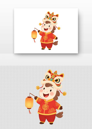 可爱的马儿戴着舞狮帽手持红灯笼