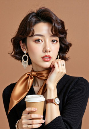 手拿咖啡杯的年青美女