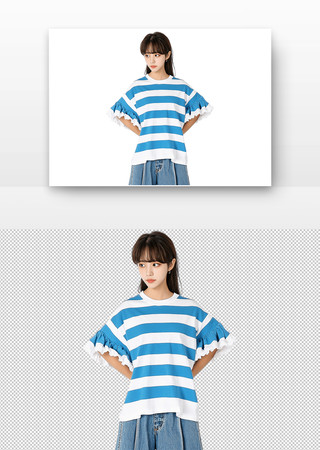 年轻女孩穿着蓝白条纹上衣搭配牛仔裤