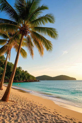 海滩上的棕榈树蓝海和山