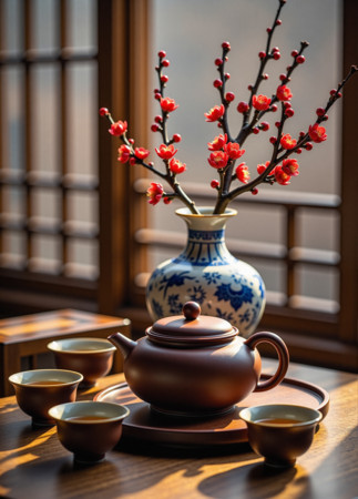 红梅花瓶与中式茶具