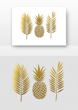 金色的菠萝和树叶图案 PNG