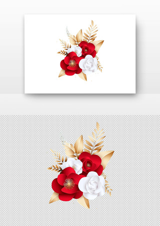 红白花朵与金叶 PNG