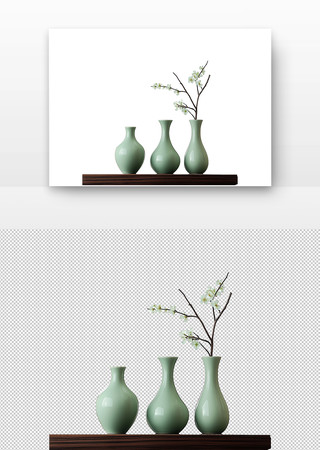 三个浅绿色花瓶中间插有白色花朵