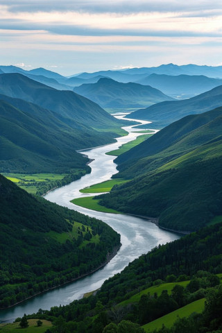 从地图上可一条河流穿过山谷的景色山脉