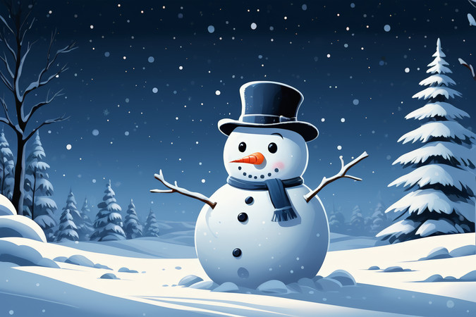 雪夜里戴礼帽的雪人