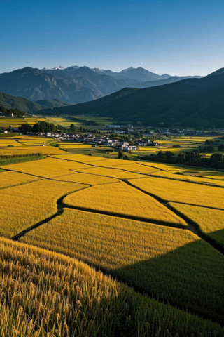 一片黄稻田的景色山脉