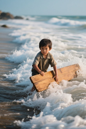 男孩海边玩耍木板冲浪