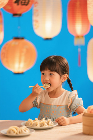 女孩吃饺子灯笼背景