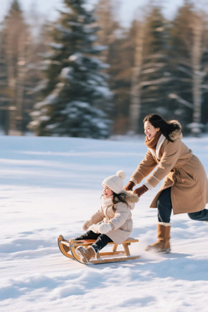 冬日雪地母女玩雪橇快乐场景