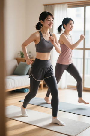 两位年轻女子在家中一起锻炼身体