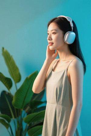 耳机女孩聆听音乐享受时光