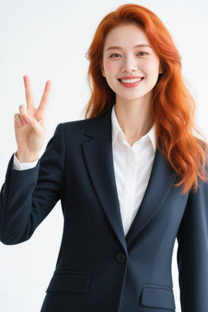 红发女子西装职业照胜利手势