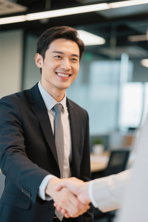 商务人士握手笑容自信办公室背景