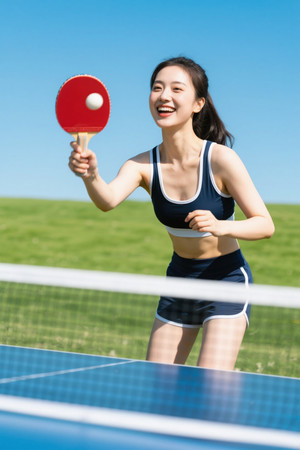 阳光下快乐打乒乓的年轻女子