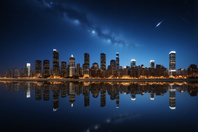 璀璨夜景城市倒影星空