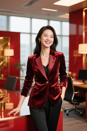 红衣女强人办公室自信笑容