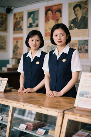 两位穿着制服的年轻女性站在柜台前
