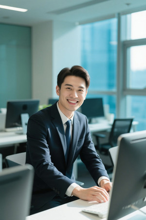 西装男士办公室电脑前工作微笑