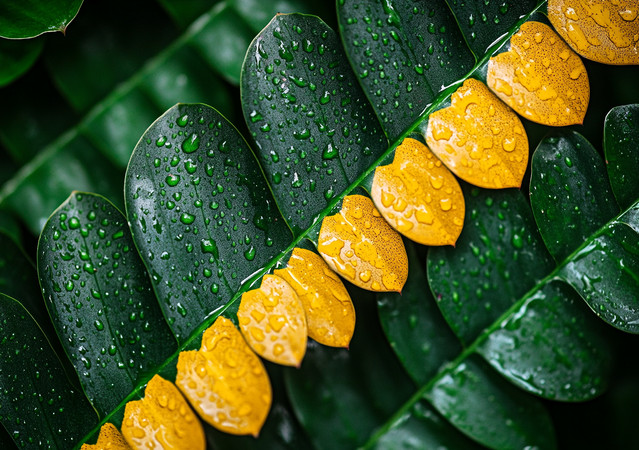 雨滴滋润下的绿叶与黄色斑点