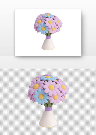3d立体粉色和蓝色的雏菊花束 PNG