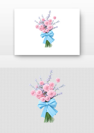 3d立体粉色花朵与蓝色蝴蝶结 PNG