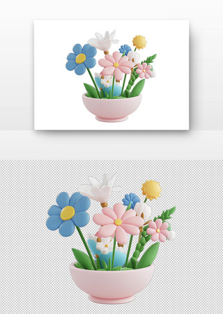 3d立体粉色花瓶中的彩色雏菊 PNG