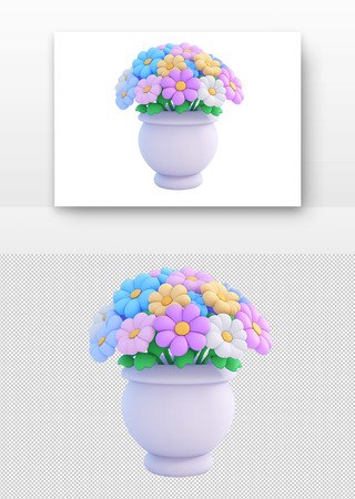 3d立体花瓶里的彩色花朵 PNG